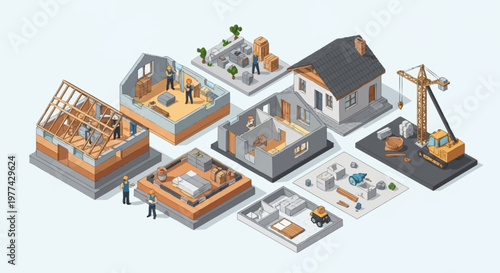 Construction process of houses in isometric view with workers.