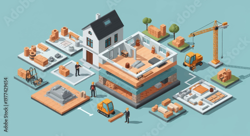 Construction site with house blueprints and equipment isometric view.