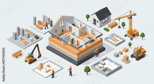 Construction project isometric view with house blueprint and equipment.