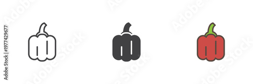 Bell pepper icon set with vegetable in line, filled outline and solid styles. Color vector icon sign symbol for fresh produce. Pepper icon for cooking.