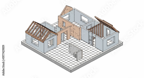 Construction of a residential house with visible interior framing and foundation.