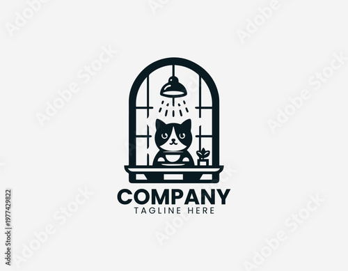 Cute cat sitting with coffee cup inside cozy window frame in clean minimal black vector logo illustration style on a white background