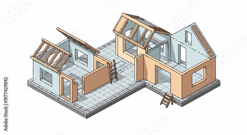 Illustration of house construction and renovation process.