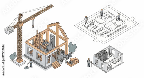 Construction of a house with crane and blueprint.