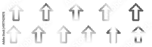 Arrow Block Up Halftone Icon Collection – Arrow Block Up Dotted Circles Halftones Geometric Dots Gradient – Dot Spray Gradient Vector Set for Modern Graphic Design