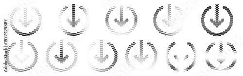 Arrow Circle Broken Down Halftone Icon Collection – Arrow Circle Broken Down Dotted Circles Halftones Geometric Dots Gradient – Dot Spray Gradient Vector Set