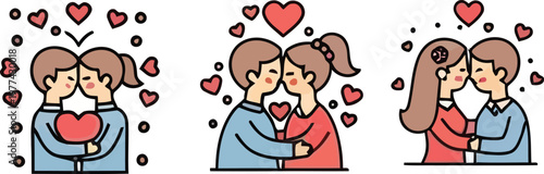 Cartoon couples kissing with hearts and love feelings