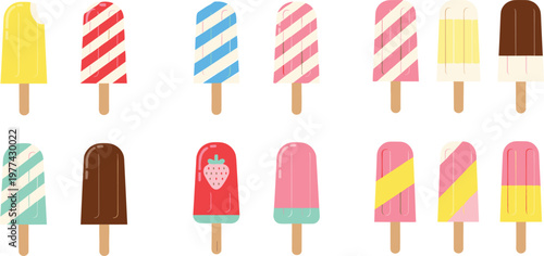 Colorful ice cream popsicles collection vector illustration with different flavors and patterns, summer frozen dessert set for kids design and sweet food themes