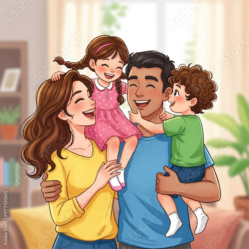 Happy young family laughing together in a cozy home environment.