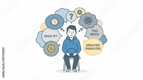 A cartoon man sits on a chair with thought bubbles around his head