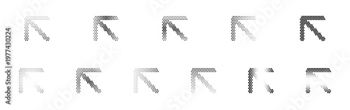 Arrow Up Left Halftone Icon Collection – Arrow Up Left Dotted Circles Halftones Geometric Dots Gradient – Dot Spray Gradient Vector Set for Modern Graphic Design