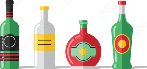 Liquor Bottle Vector Set with Various Alcohol Beverage Containers for Wine, Whiskey, Vodka and Spirits Packaging, Bar Design and Drink Illustration