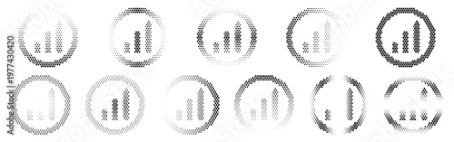 Bar Chart Circle Halftone Icon Collection – Bar Chart Circle Dotted Circles Halftones Geometric Dots Gradient – Dot Spray Gradient Vector Set for Modern Graphic Design