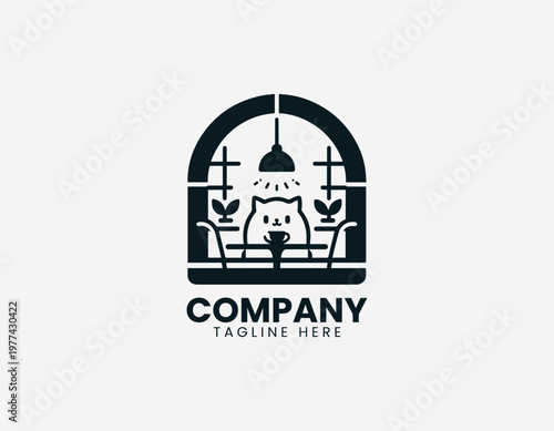 Cute cat sitting with coffee cup inside cozy window frame in clean minimal black vector logo illustration style on a white background