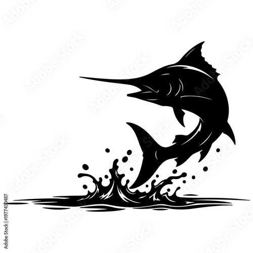 Black Marlin Silhouette Leaping From Water with Dynamic Splash