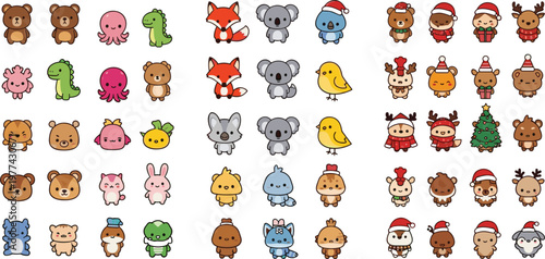 Cute animal cartoon character set with forest creatures pets and Christmas themed elements colorful vector illustration collection for kids design