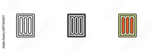 Sausage package icon set with meat pack in line, filled outline and solid styles. Color vector icon sign symbol for processed food. Sausage icon for grocery meat.