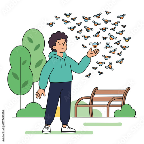 Young man controlling a swarm of drones with his hand.