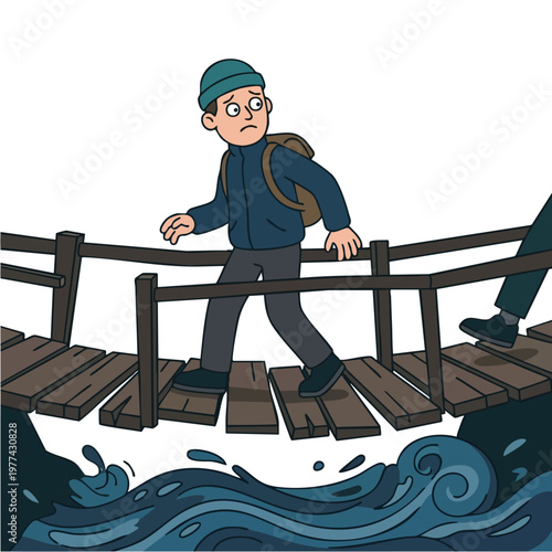 Young man cautiously crosses a broken wooden bridge over water.