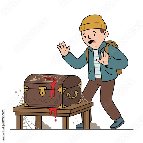 Young man discovers mysterious bloody treasure chest on table.