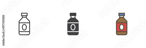 Soda bottle icon set showing beverage drink in line, filled outline and solid styles. Color vector icon sign symbol for refreshment. Soda icon for grocery drinks.