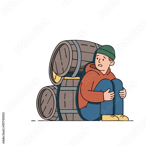 Young man hiding behind barrels feeling scared.