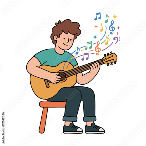 Young man playing acoustic guitar with musical notes.