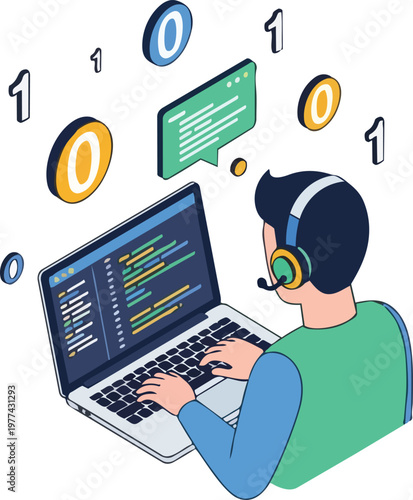 Isometric Programmer Developer Working on Laptop with Binary Code and Software Interface Illustration