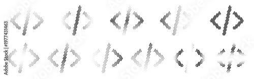 Code Snippet Halftone Icon Collection – Code Snippet Dotted Circles Halftones Geometric Dots Gradient – Dot Spray Gradient Vector Set – Code Snippet Illustration Halftone Gradient