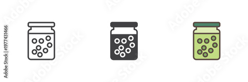 Peas jar icon set with canned vegetables in line, filled outline and solid styles. Color vector icon sign symbol for preserved food. Peas icon for grocery.