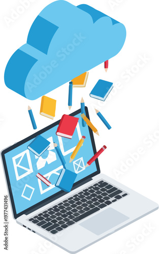 Cloud Computing E-learning Concept with Laptop, Books, and Pencils Isometric 3D Illustration