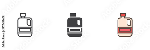 Juice box icon set showing drink carton in line, filled outline and solid styles. Color vector icon sign symbol for beverage. Juice icon for kids drink grocery.