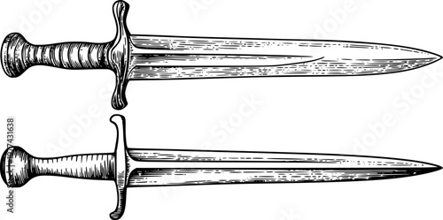 Antique swords, detailed black and white engraving style, isolated white background