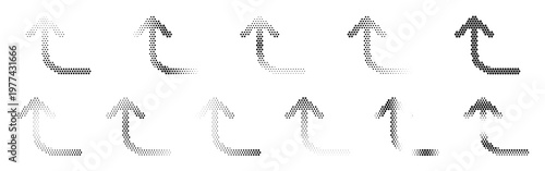 Corner Left Up Halftone Icon Collection – Corner Left Up Dotted Circles Halftones Geometric Dots Gradient – Dot Spray Gradient Vector Set for Modern Graphic Design