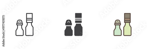 Seasoning bottles icon set with spice containers in line, filled outline and solid styles. Color vector icon sign symbol for kitchen. Seasoning icon for cooking.