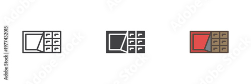 Chocolate bar icon set showing sweet dessert in line, filled outline and solid styles. Color vector icon sign symbol for candy. Chocolate icon for snack.