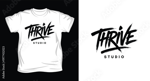 Thrive studio logo on a white t-shirt and background