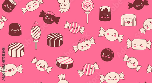 Cute Kawaii Candy Pattern with Sweet Chocolates and Lollipops on Pink Background