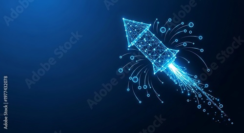Abstract digital image of a glowing blue rocket launching into space with trail