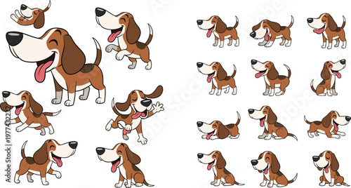 Cute basset hound dog cartoon collection vector illustration with different poses and expressions, adorable pet characters set for kids design and animal themes
