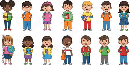 School Children Character Collection with Diverse Kids Holding Books and Backpacks for Education Classroom Illustration and Learning Design