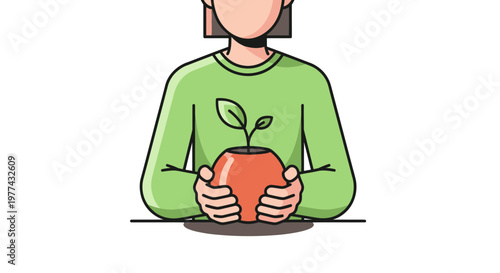 Woman holding a small potted plant with two leaves in her hands wearing green