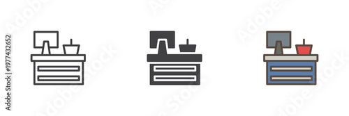 Market cashier table icon set showing checkout desk in line, filled outline and solid styles. Color vector icon sign symbol for payment. Cashier icon for store.