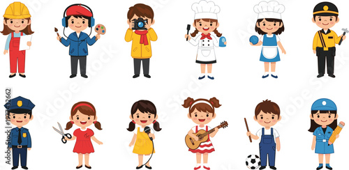 Kids Profession Character Collection with Children in Different Jobs Including Chef Artist Photographer Police and Worker for Career Education Illustration Design