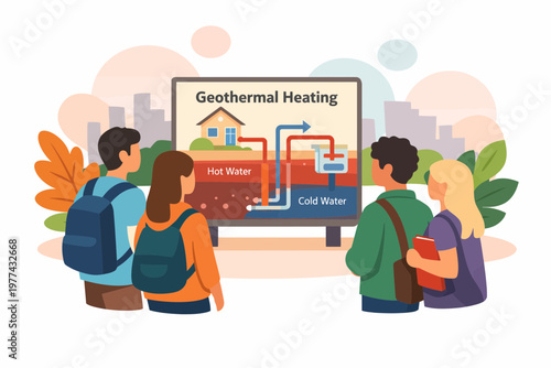 Students learning about geothermal heating on educational board
