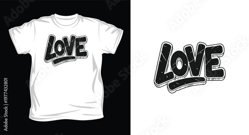 A white t-shirt with a love design on the front