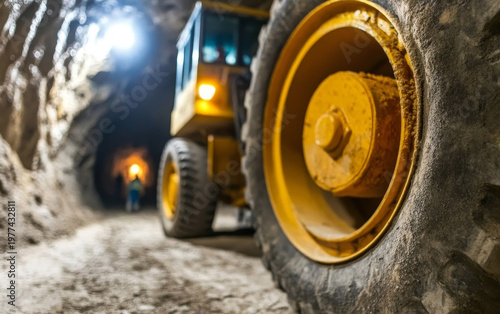 Close-up of a large yellow wheel from mining equipment in a dimly lit underground tunnel, with a distant figure visible in the background