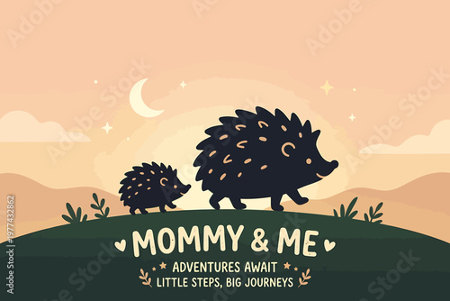 Mother and child hedgehogs walking together on a hill at sunset
