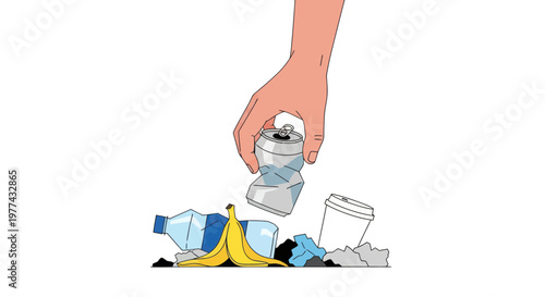 Hand throwing away crushed aluminum soda can into a pile of trash with banana peels and plastic bottles