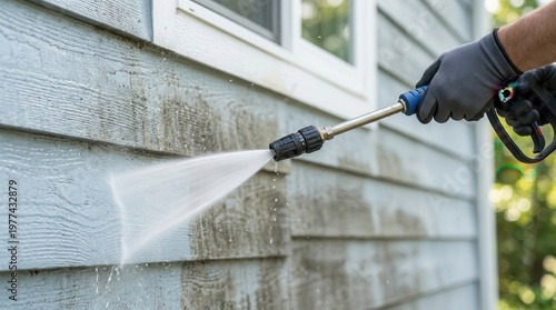 Cleaning the house siding with a pressure washer nozzle, removing accumulated dirt and grime.